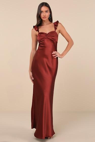 Exuberant Luxury Rust Satin Ruffled Lace-Up Maxi Dress Product Image