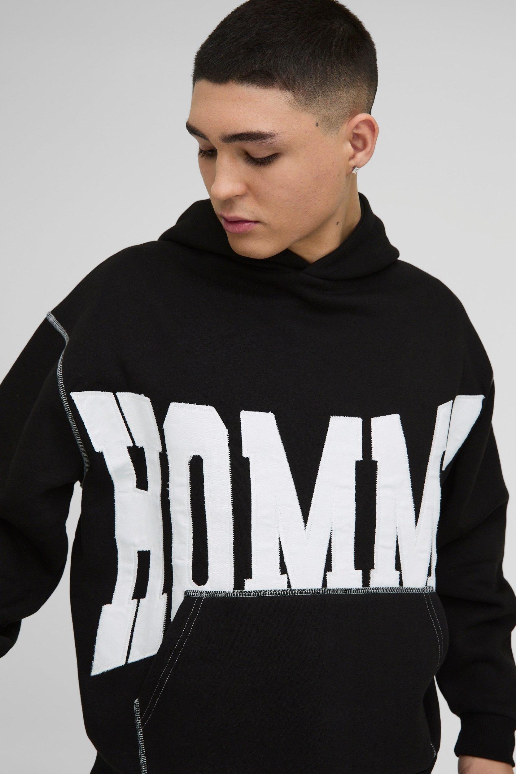 Oversized Boxy Twill Applique Contrast Stitch Hoodie | boohooMAN USA Product Image