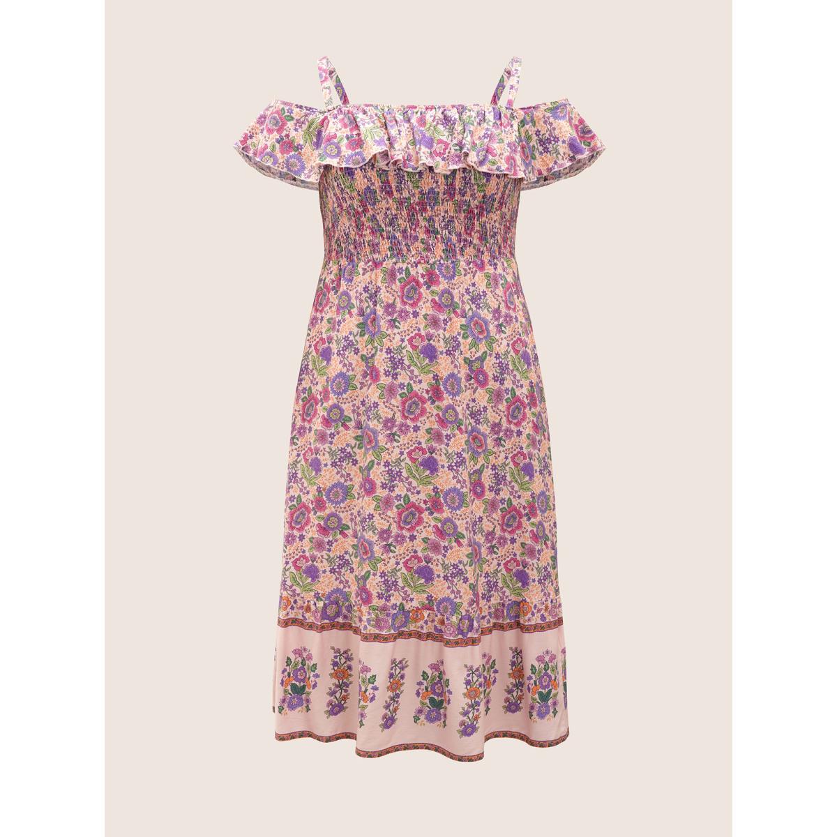 Plus Size Floral Cold Shoulder Ruffles Shirred Dress Pink Women Resort Shirred Non Short sleeve Curvy Midi Dress BloomChic 14-16/1X Product Image