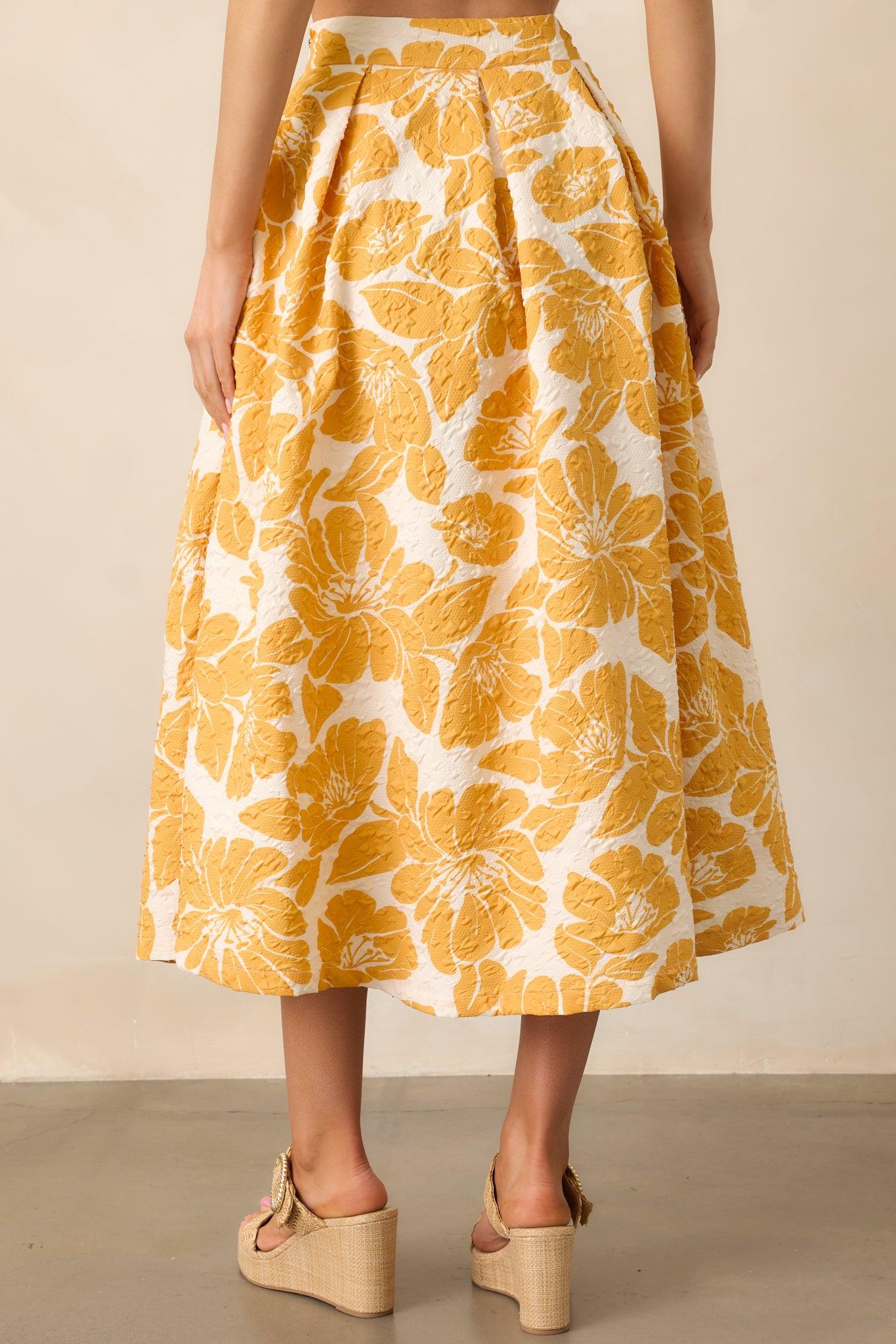 Golden Hour Yellow Floral Jacquard Midi Skirt Product Image