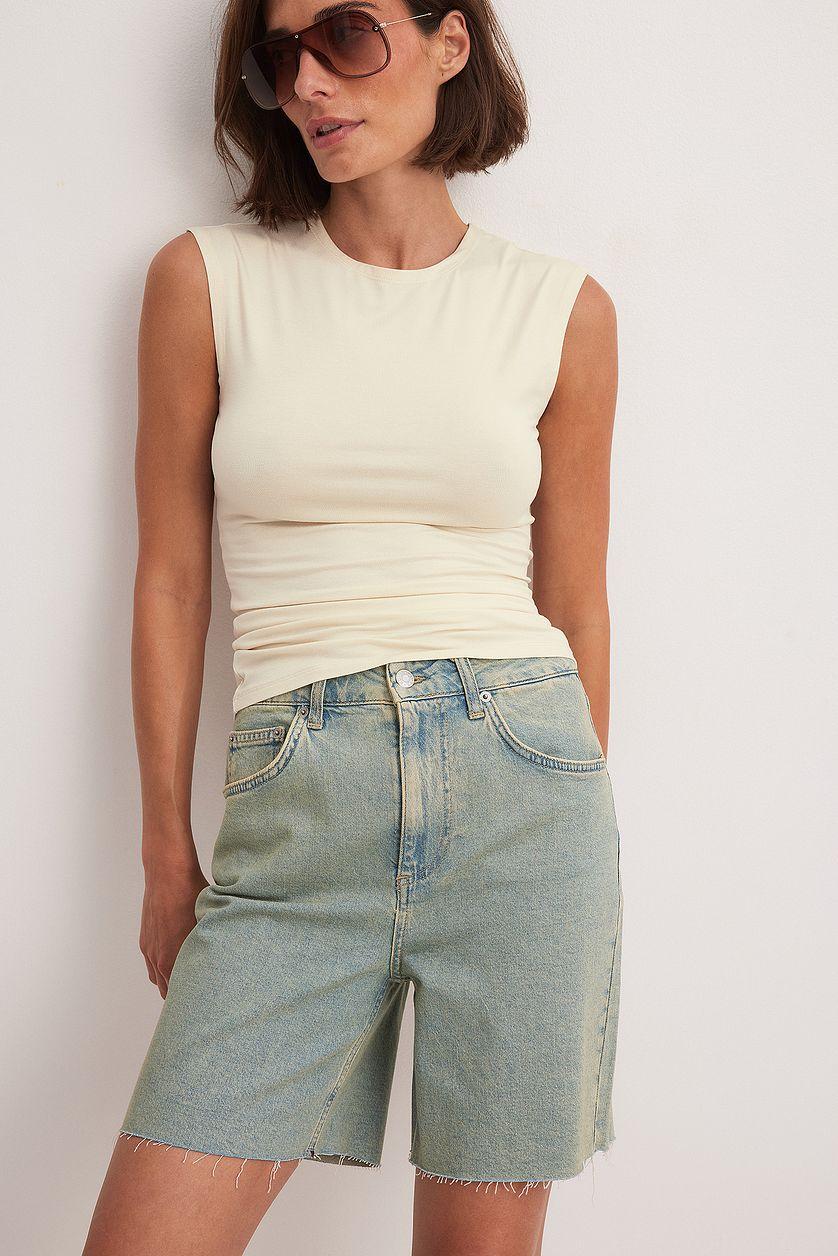 High Waist Raw Hem Denim Shorts Product Image