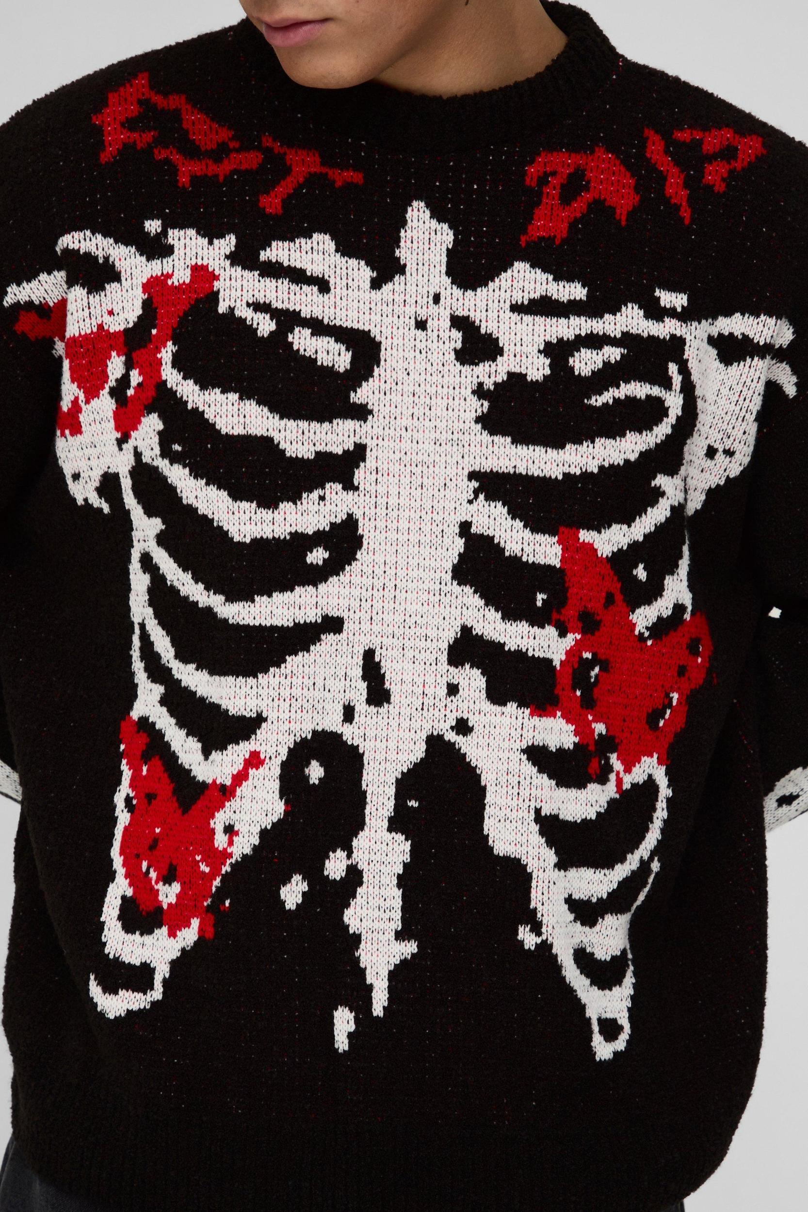 Oversized Boxy Official Skeleton Boucle Knitted Sweater | boohooMAN USA Product Image