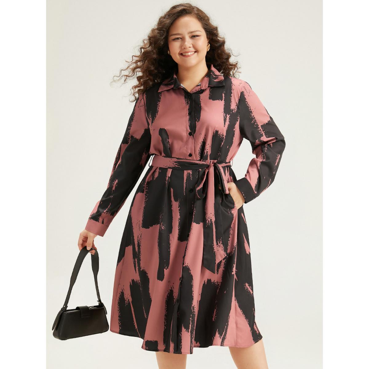 Plus Size Brush Print Shirt Collar Pocket Belted Dress Multicolor Women Office Belted Shirt collar Long Sleeve Curvy Midi Dress BloomChic 12/L Product Image