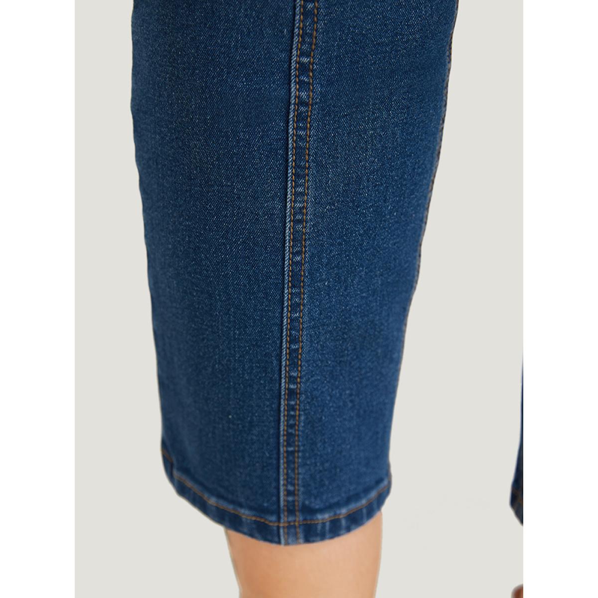 Plus Size Very Stretchy Pocket High Rise Patchwork Jeans Women Blue Casual Plain Embroidered High stretch Pocket Jeans BloomChic 12/L Product Image