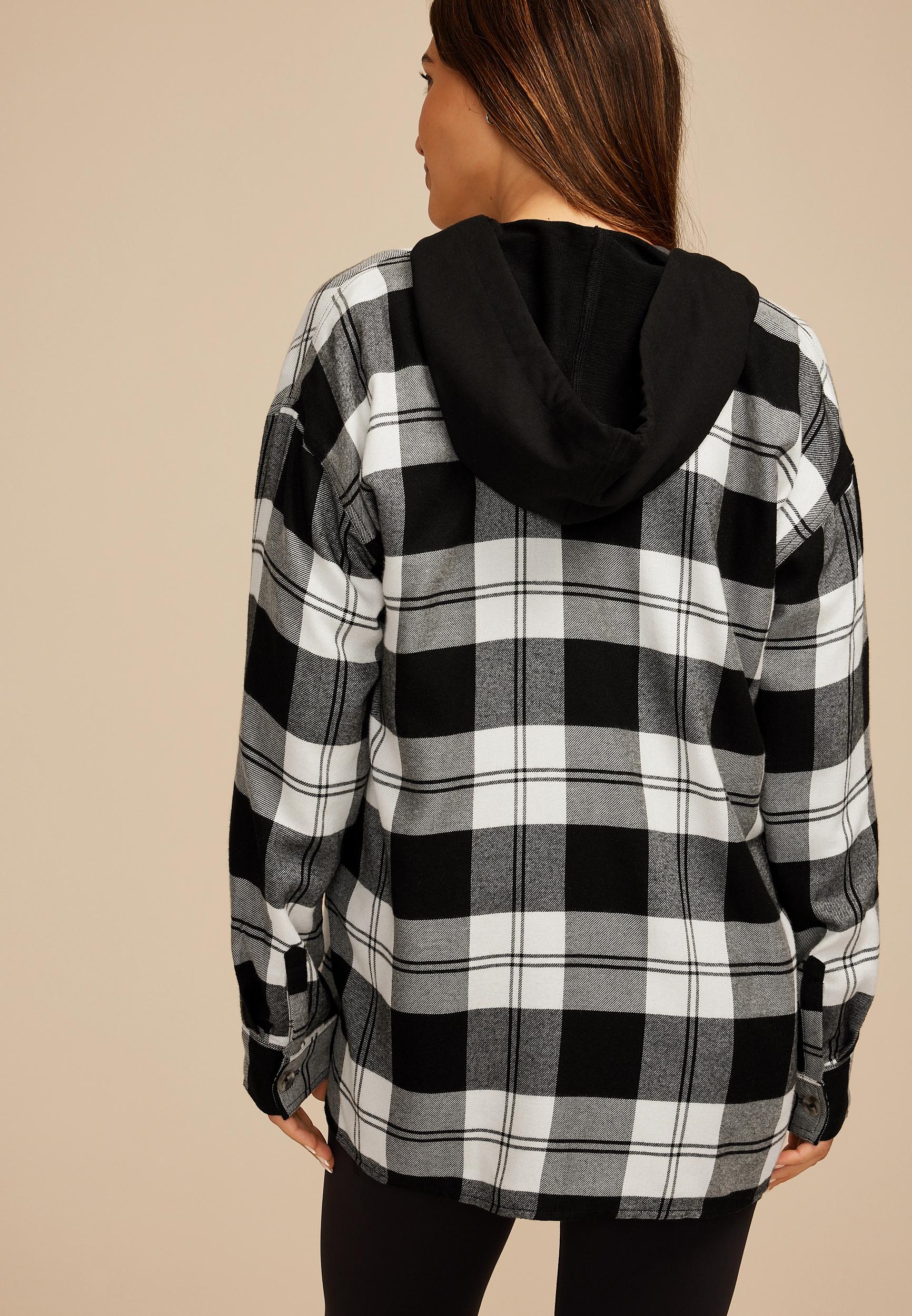 Plaid Hooded Boyfriend Button Down Shirt Product Image