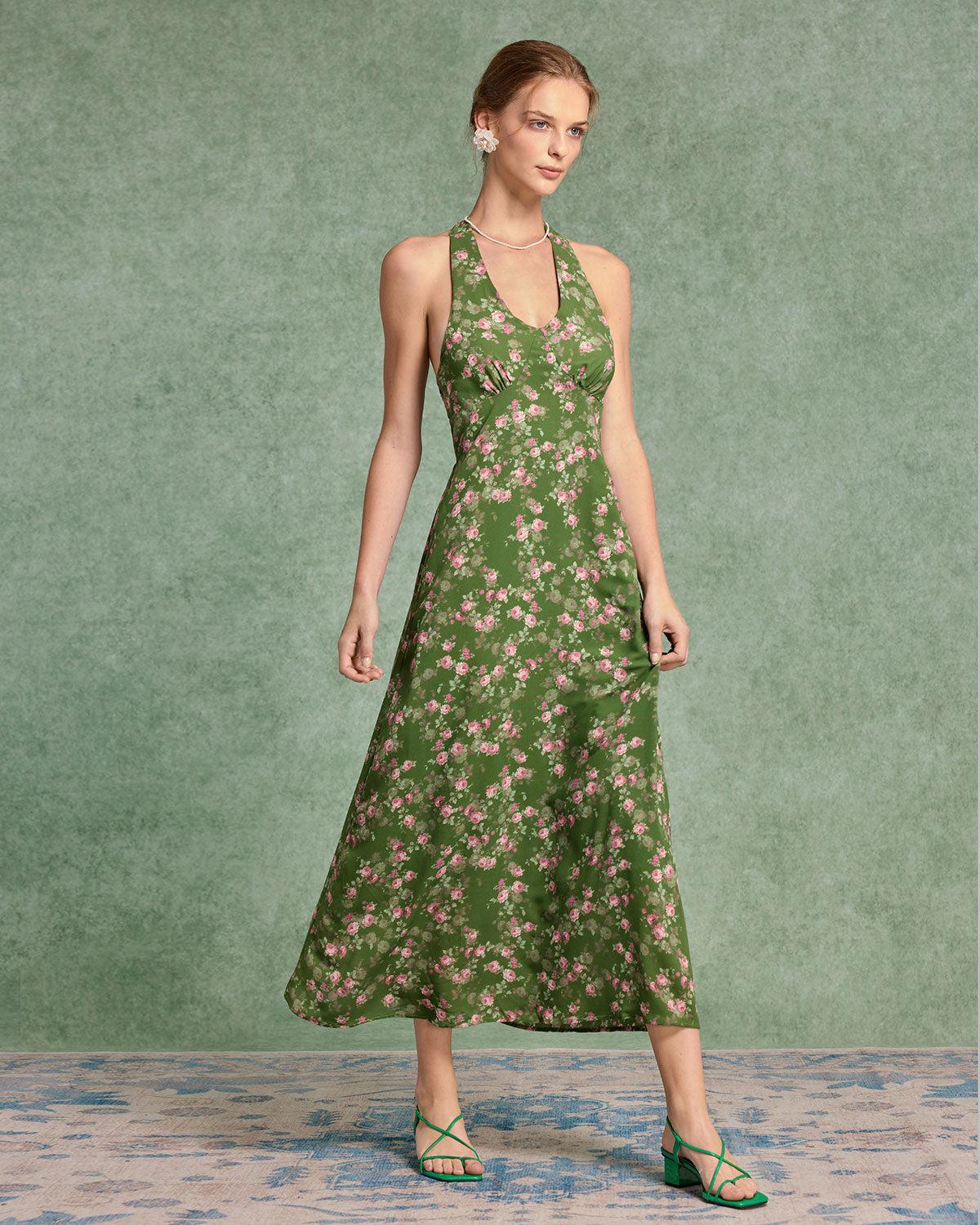 Green Floral Shirred Halter Maxi Dress Product Image