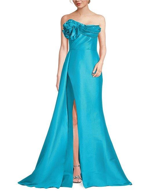 Terani Couture 3D Floral Strapless Stretch Mikado Drape Front Sheath Gown Product Image