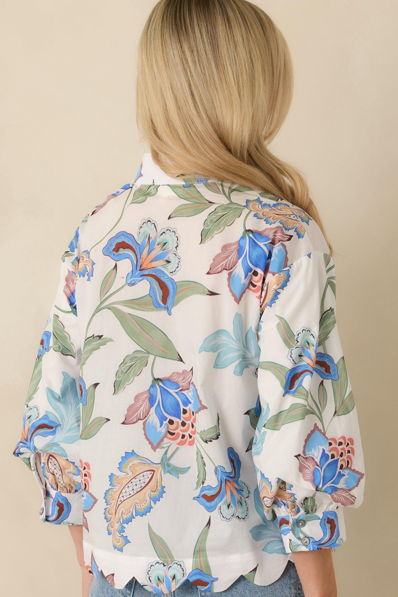 Petals in the Breeze Blue Multi Cotton Floral V-Neck Top L / Blue Product Image