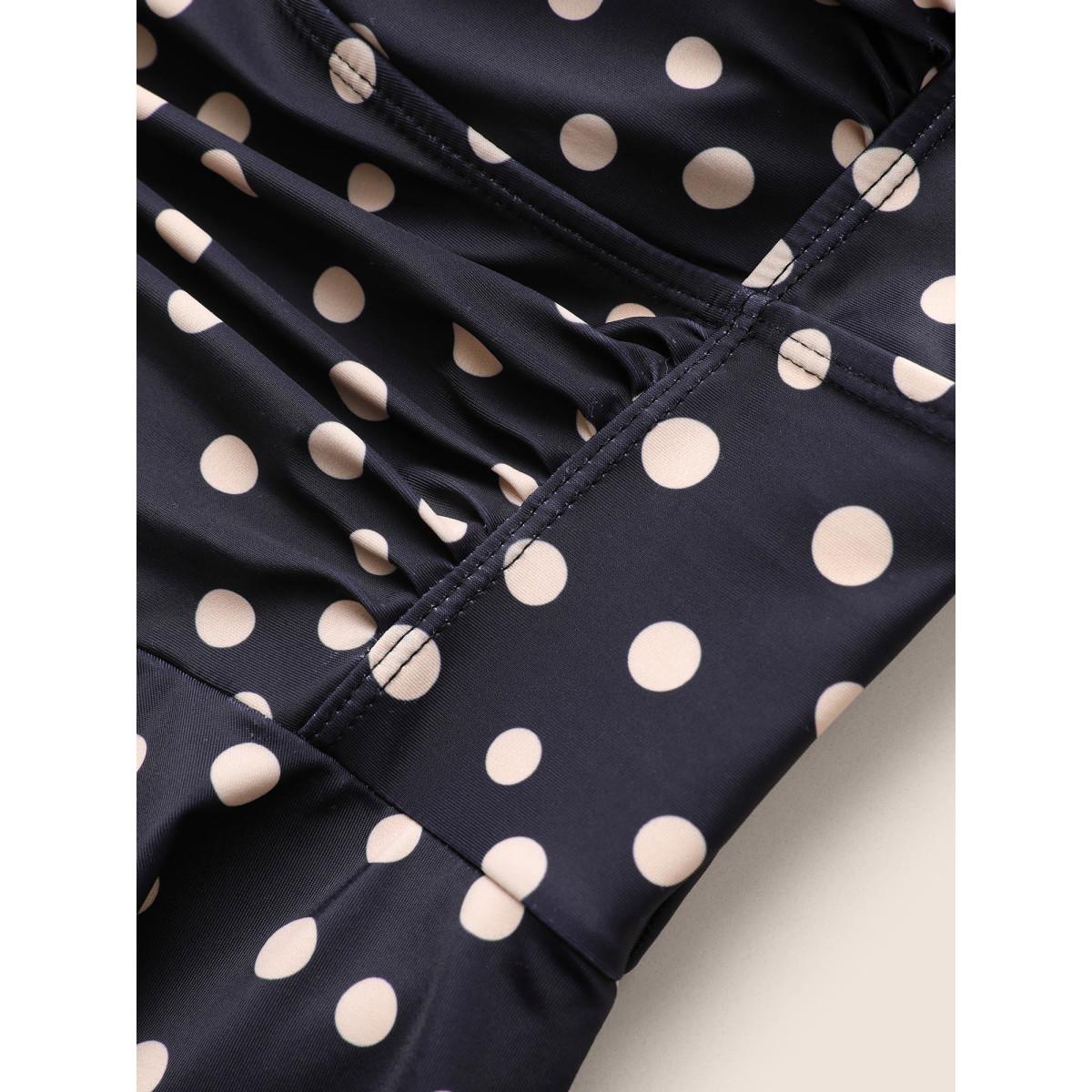 Plus Size Polka Dot Crossover Adjustable Straps Swim Dress Women's Swimwear Black Beach Bodycon Heart neckline High stretch Curve Swim Dresses BloomChic 28/5X Product Image