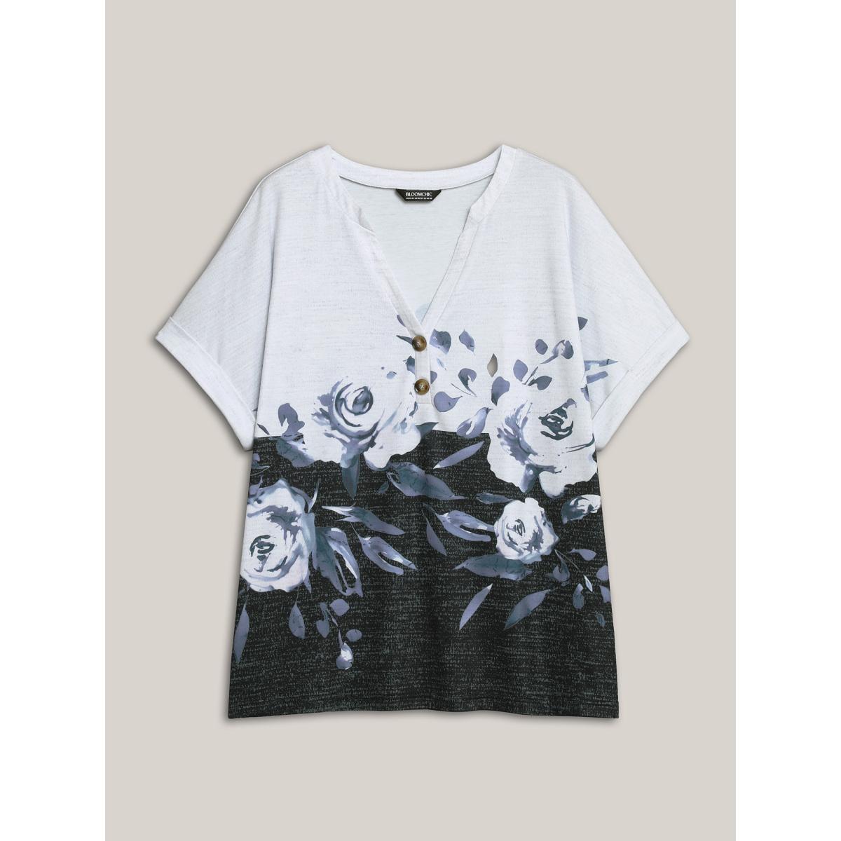 Plus Size Floral Position Print Half-Sleeve T-Shirt Multicolor Women Casual Contrast Natural Flowers Notched collar Everyday T-shirts BloomChic 10/M Product Image