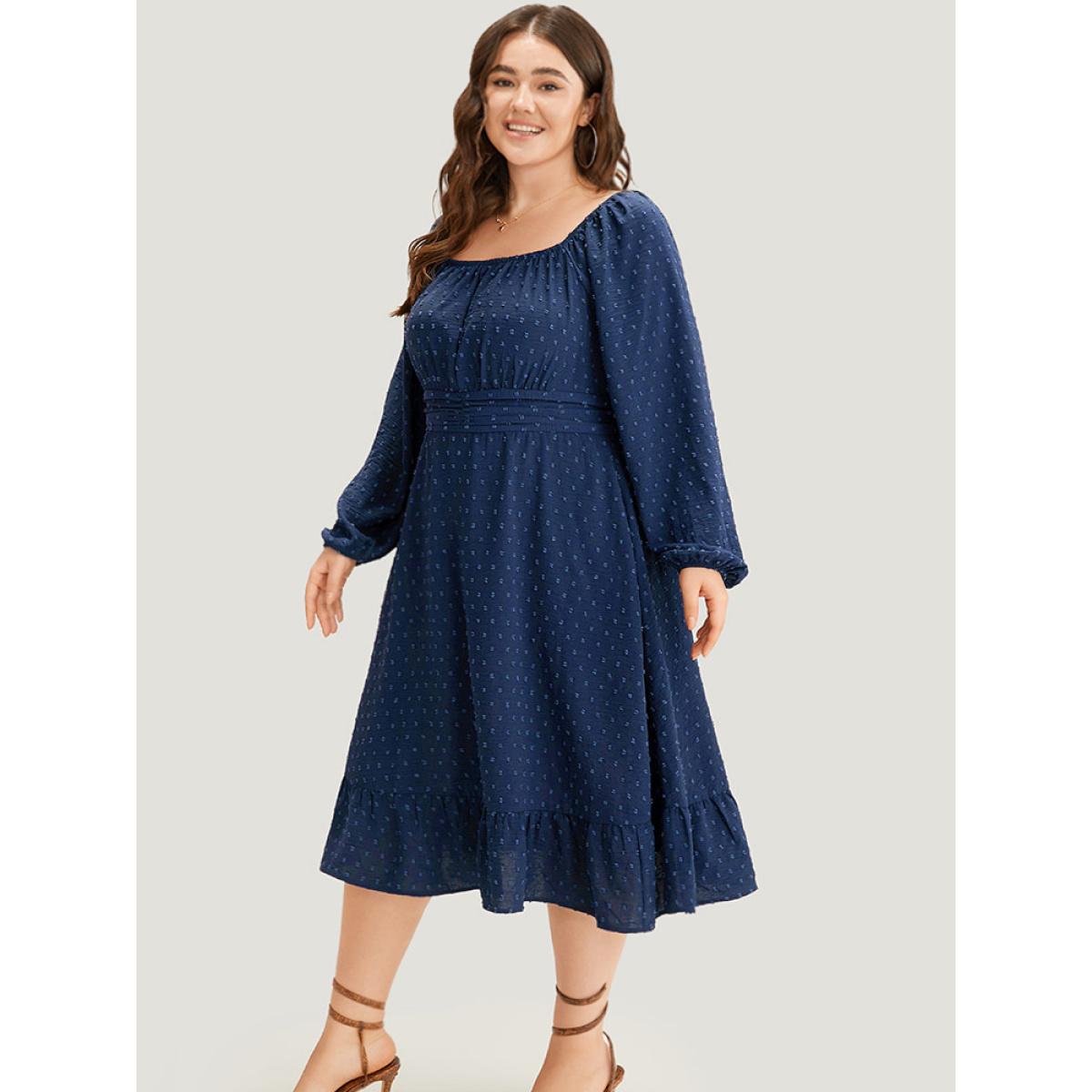 Plus Size Polka Dot Square Neck Lantern Sleeve Shirred Dress Navy Women Elegant Elastic cuffs Square Neck Long Sleeve Curvy Midi Dress BloomChic 22-24/3X Product Image