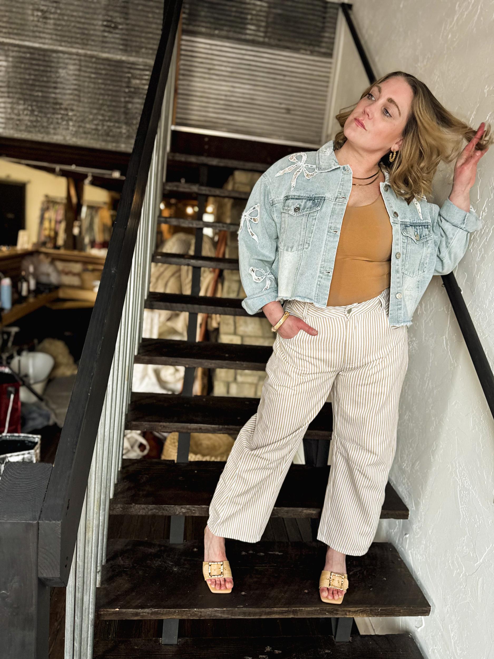 Lace Bow Embroidered Denim Jacket Product Image