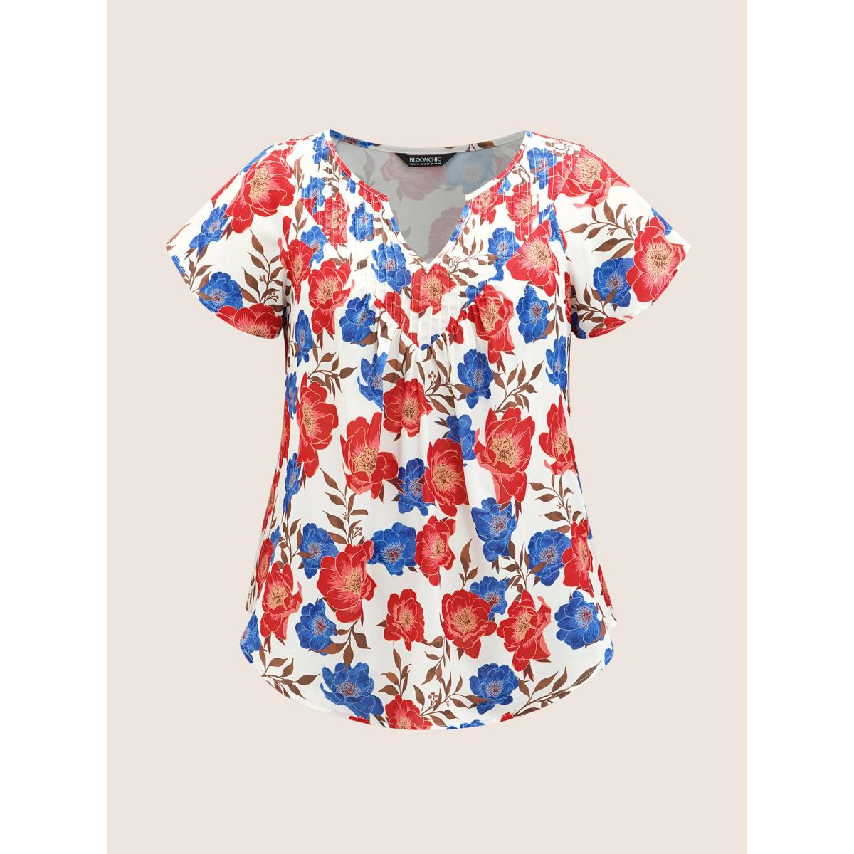 Plus Size Multicolor Floral Notched Collar Pleated Raglan Sleeve Blouse Women Elegant Short sleeve Notched collar Everyday Blouses BloomChic 14-16/1X Product Image