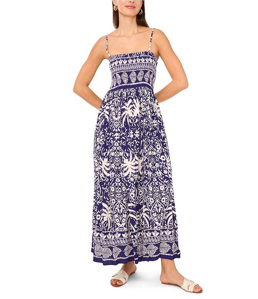 Vince Camuto Woven Printed Square Neck Sleeveless Smocked A-Line Maxi Dress Product Image