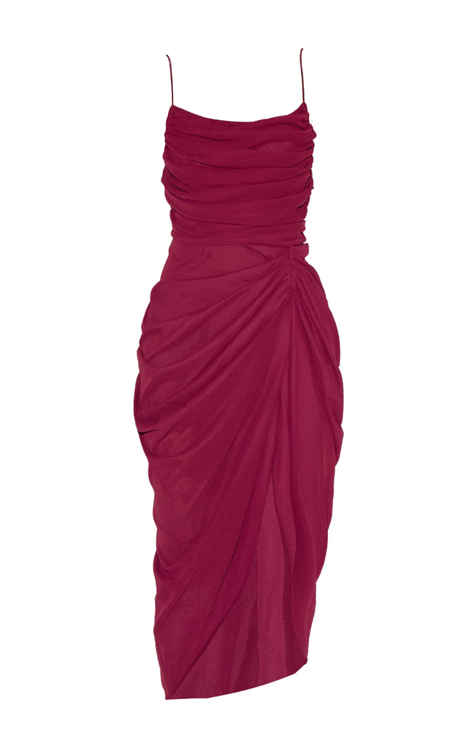 Wine Chiffon Ruched Drape Midi Dress Product Image
