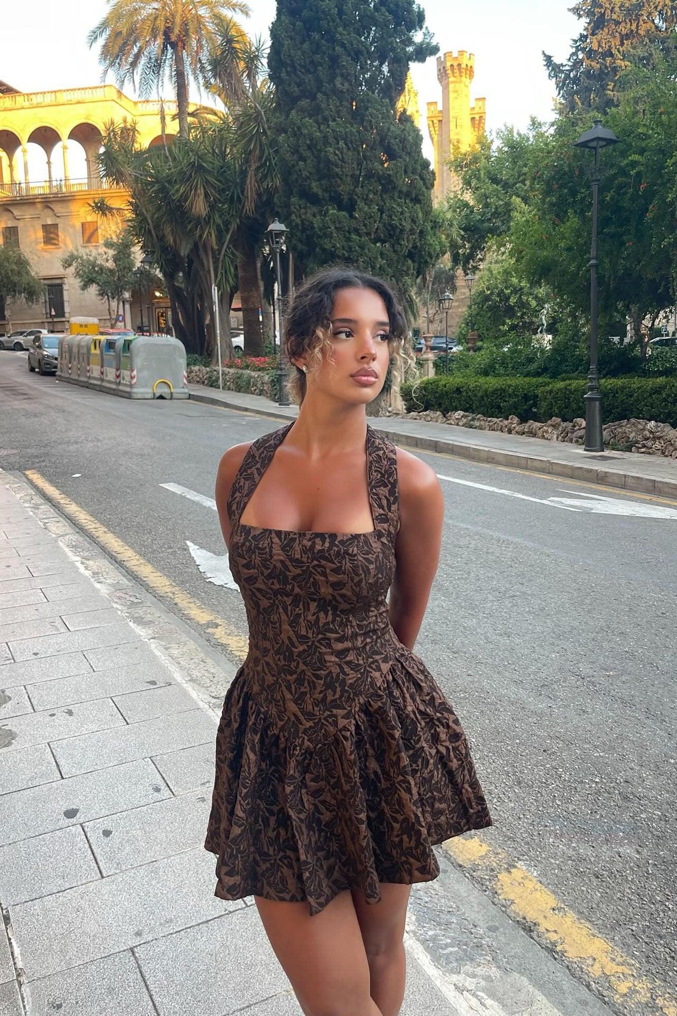 Noma Halter Textured Mini Dress - Chocolate Product Image