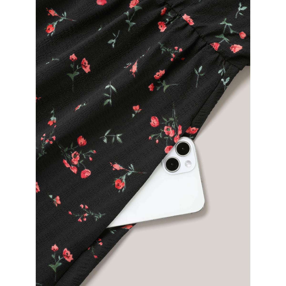 Plus Size Floral Flared Sleeve Tiered Midi Dress Black Women Elegant Texture Notched collar Short sleeve Curvy BloomChic 12/L Product Image