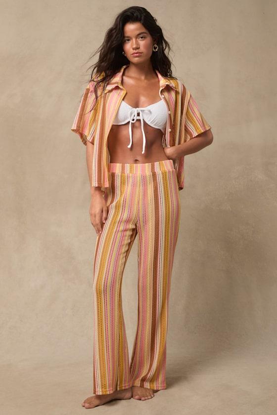 Bashe Yellow Multi Striped Pierced Crochet Knit Cover-Up Set Product Image