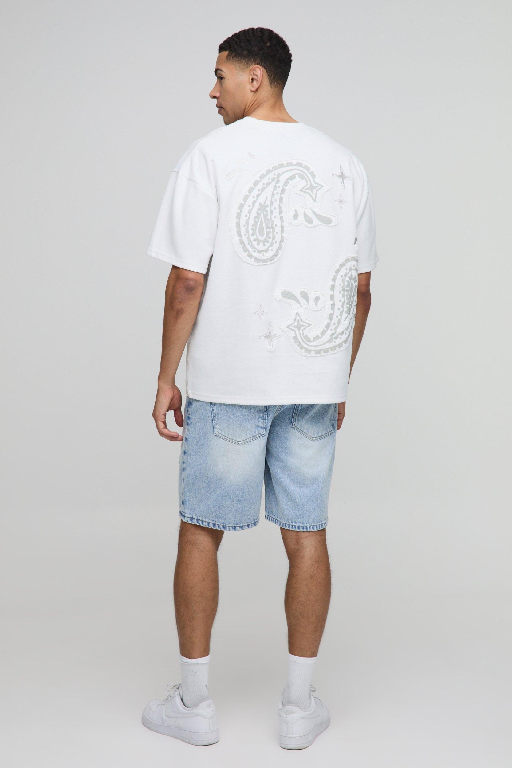 Relaxed Stone Washed Blue Cross Applique Denim Shorts | boohooMAN USA Product Image