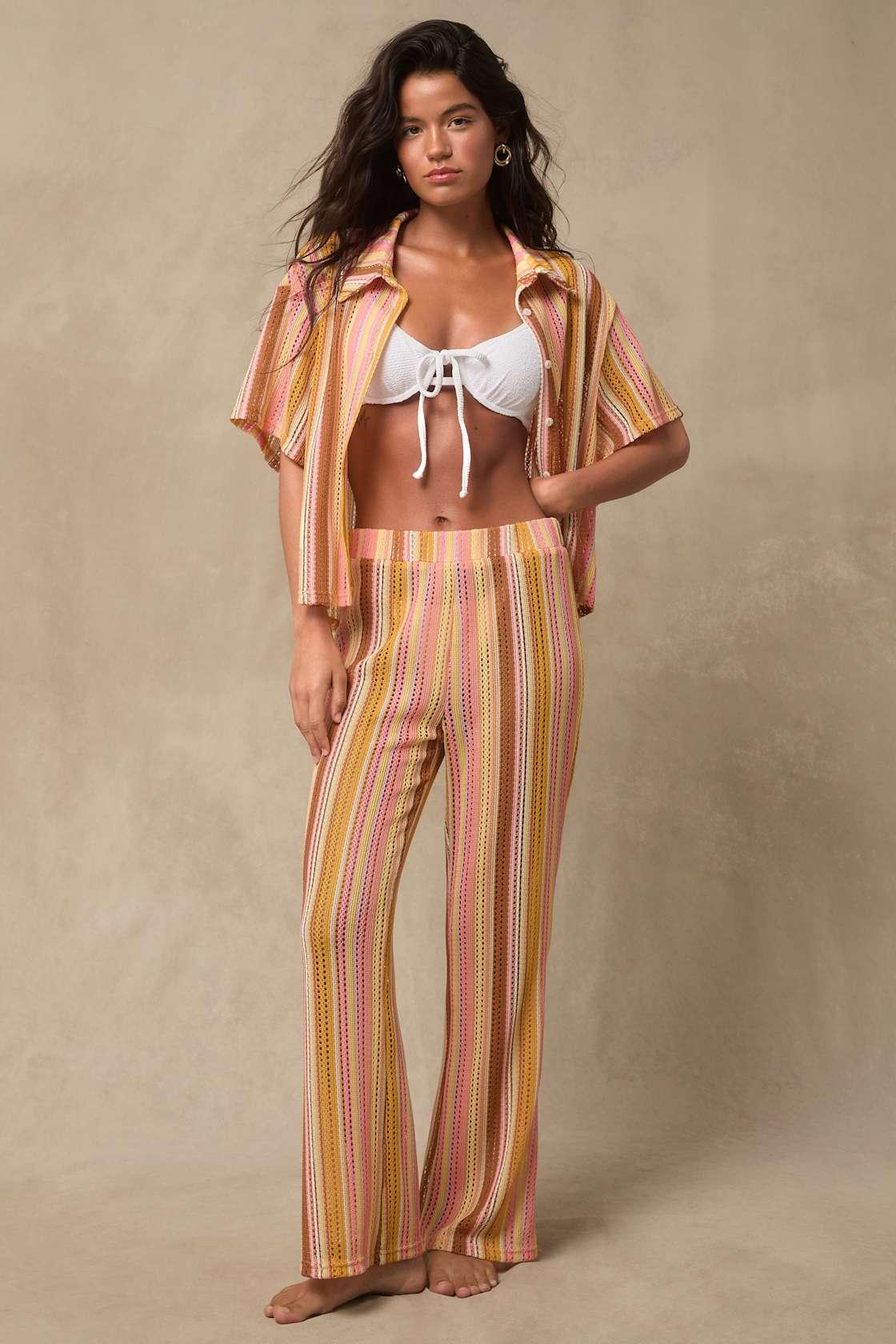 Bashe Yellow Multi Striped Pierced Crochet Knit Cover-Up Set Product Image