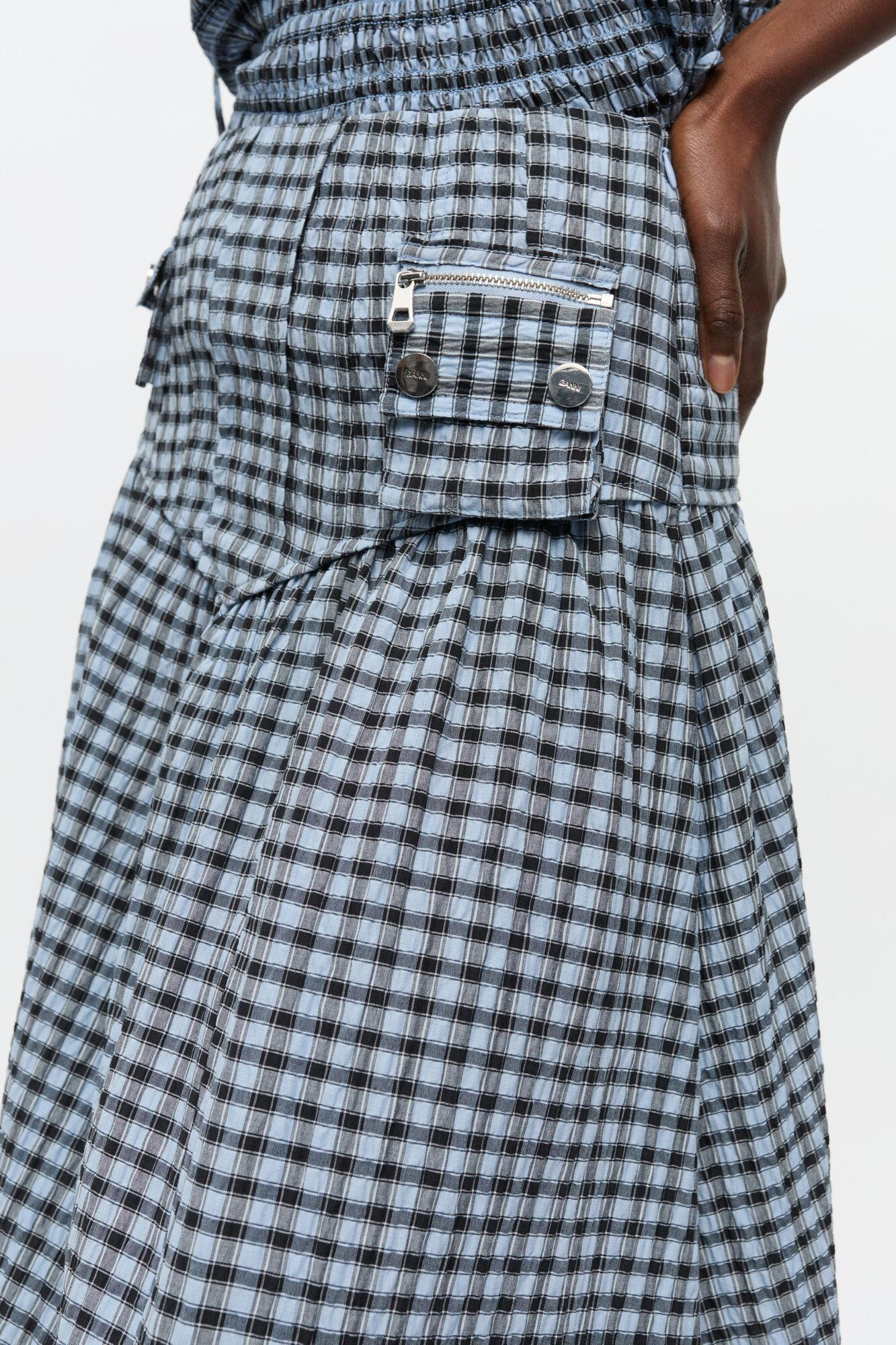 Blue Seersucker Check Long Skirt Product Image
