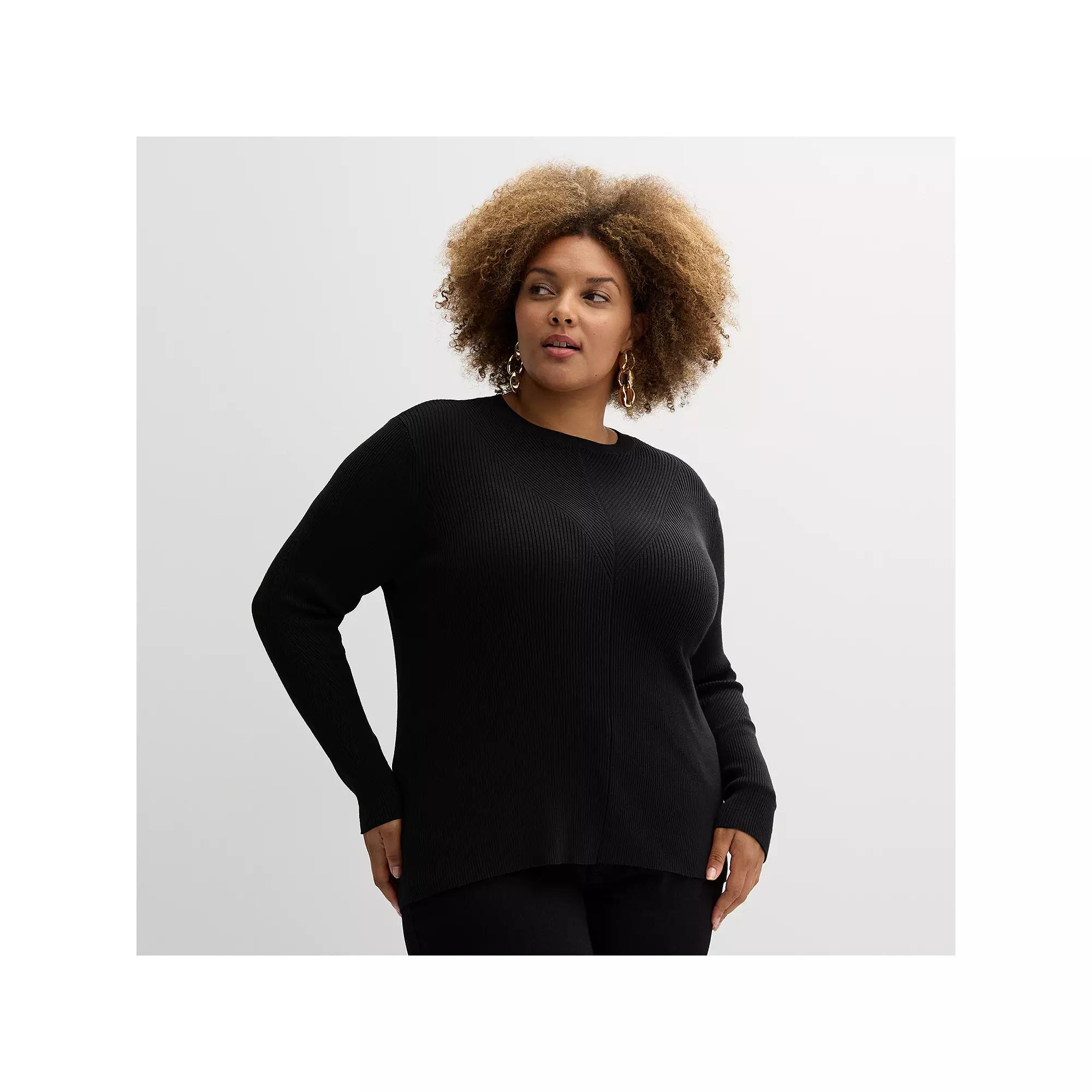 Plus Size Nine West Crew Neck Rib Pullover, Women's, Size: 5XL, Mineral Black Product Image