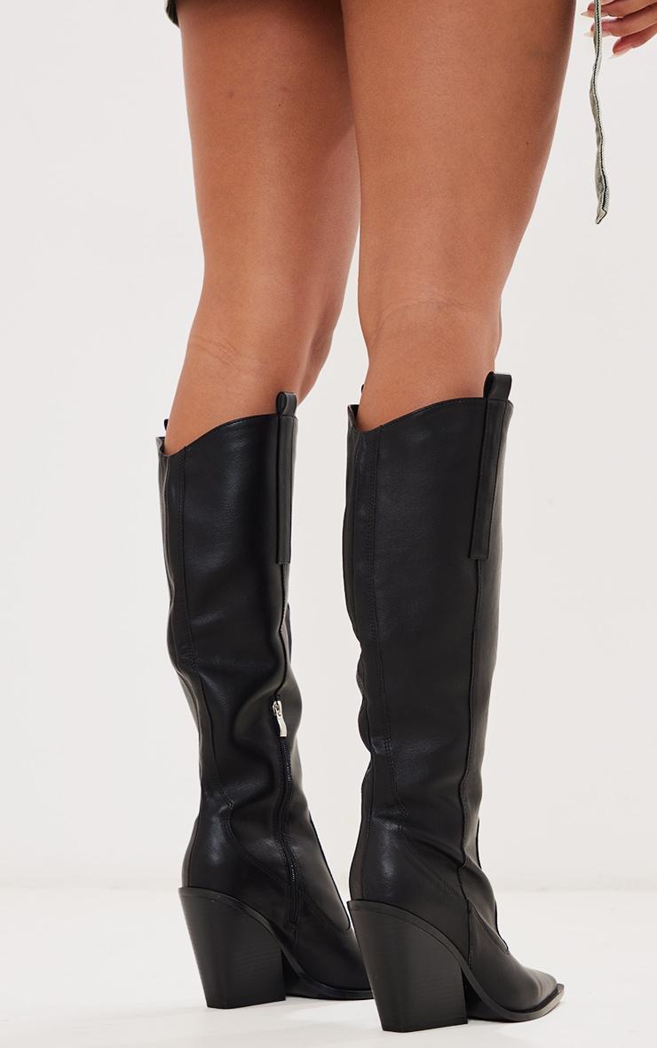 Black Western Pointed Wedge Heeled Knee Boots Product Image