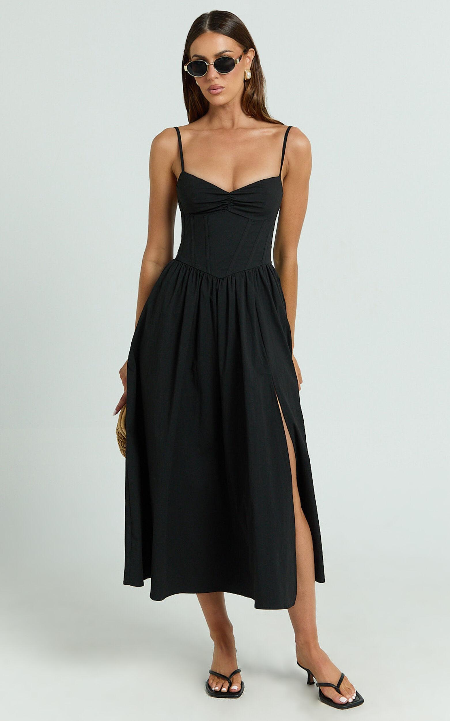 Maddie Midi Dress - Sweetheart Fit And Flare Gathered Dress in Black Product Image