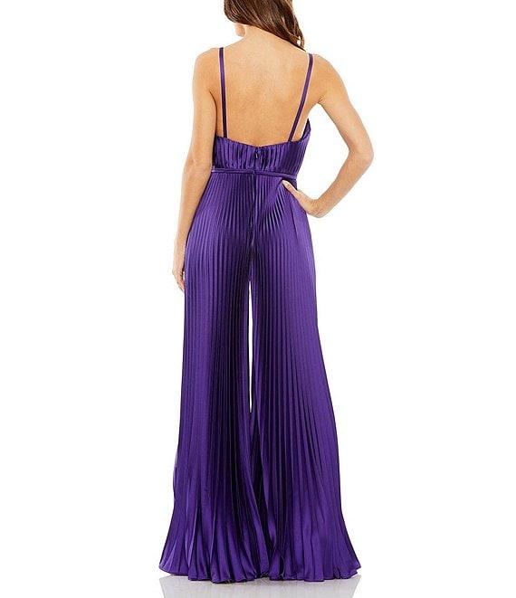 Mac Duggal Pleated Deep V-Neck Spaghetti Strap Sleeveless Wide Leg Jumpsuit Product Image