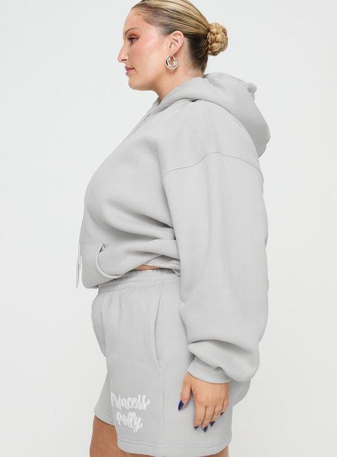 Princess Polly Hooded Sweatshirt Puff Text Grey Curve Product Image
