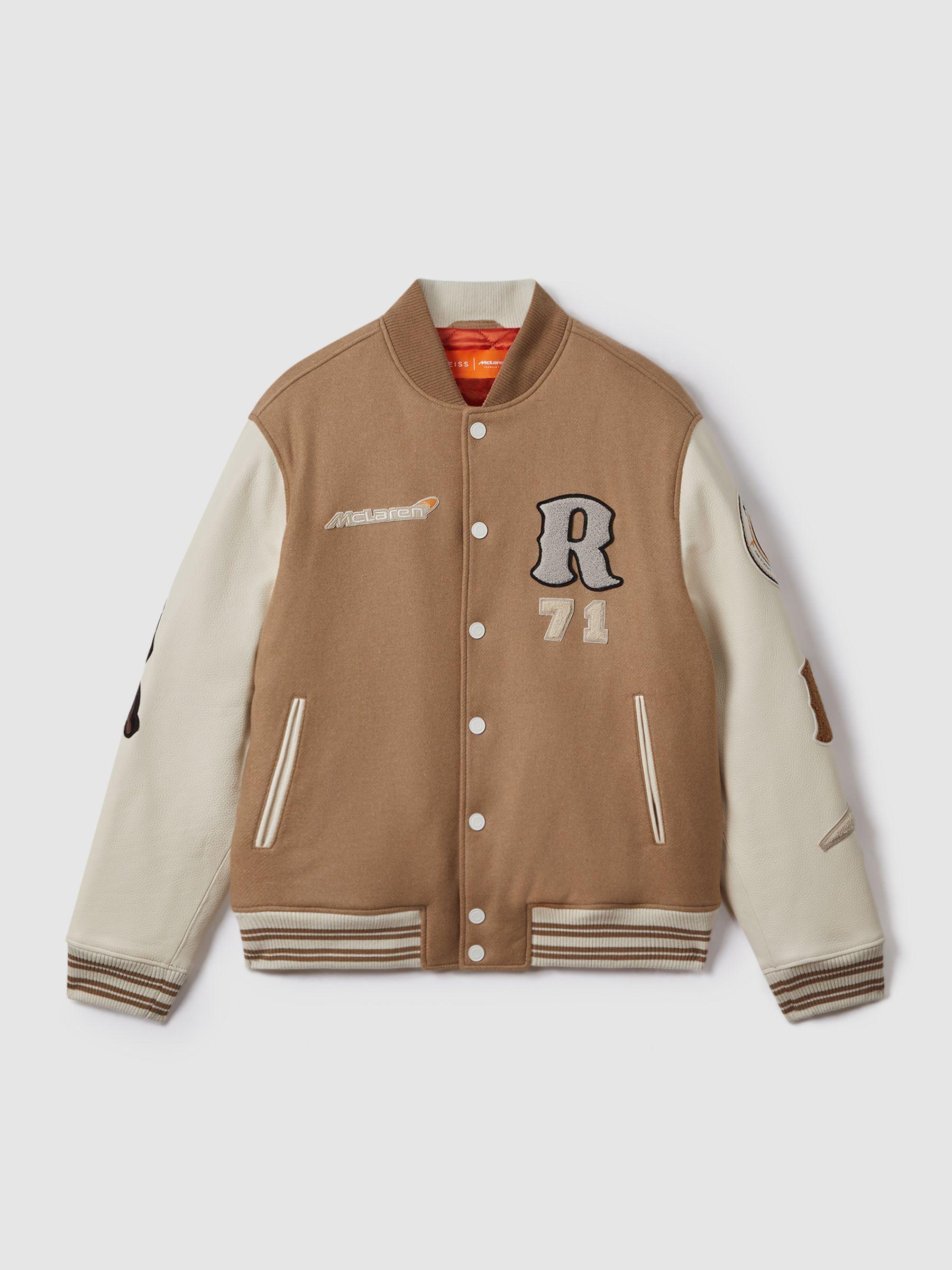 McLaren F1 Leather Varsity Jacket in Camel/Ecru Product Image