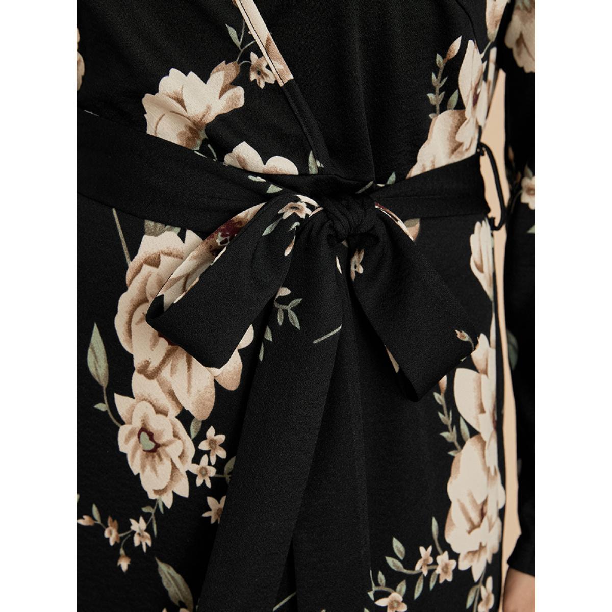 Plus Size Floral Print Belted Surplice Neck Knee Dress Black Women Elegant Belted V-neck Long Sleeve Curvy Knee Dress BloomChic 14-16/1X Product Image