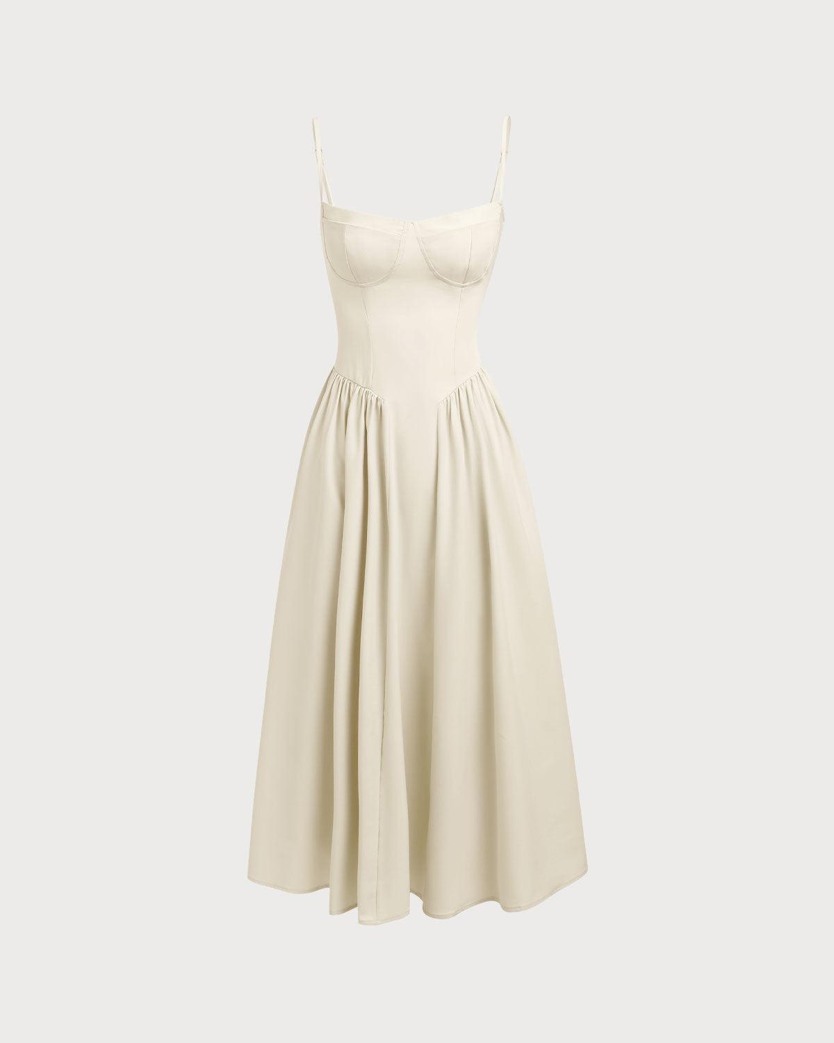 Beige Square Neck Pocket Slip Midi Dress Product Image