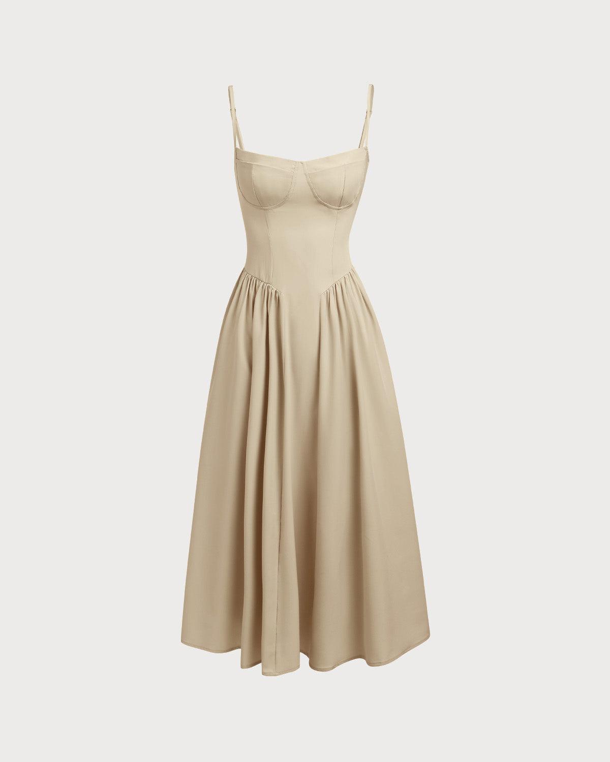 Khaki Square Neck Pocket Slip Midi Dress Product Image