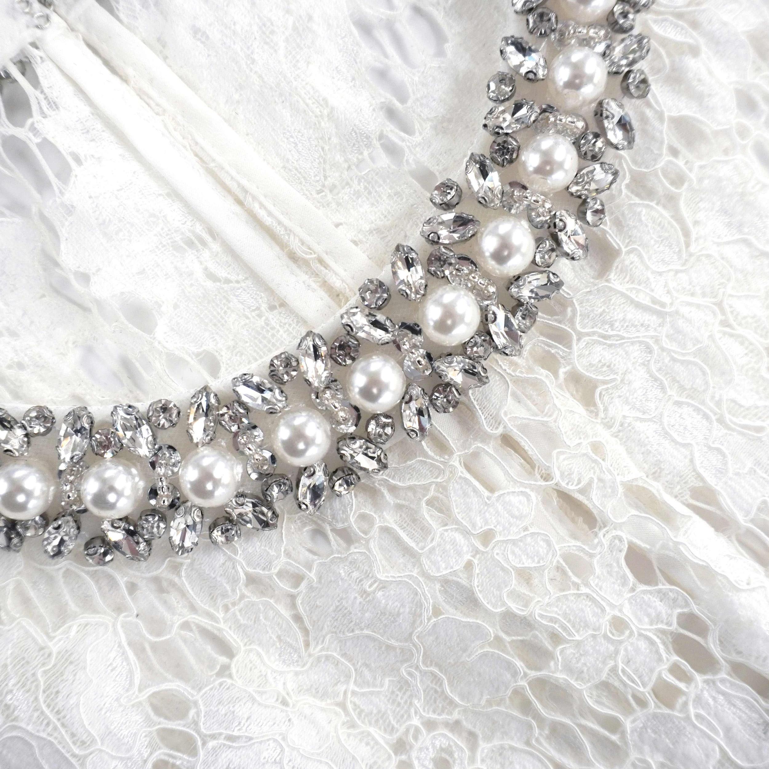 White Fine Lace Pearl Midi Dress Product Image