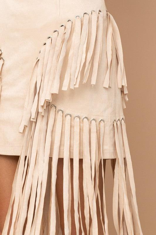Colette Faux Suede Eyelet Long Fringe Mini Skirt Product Image