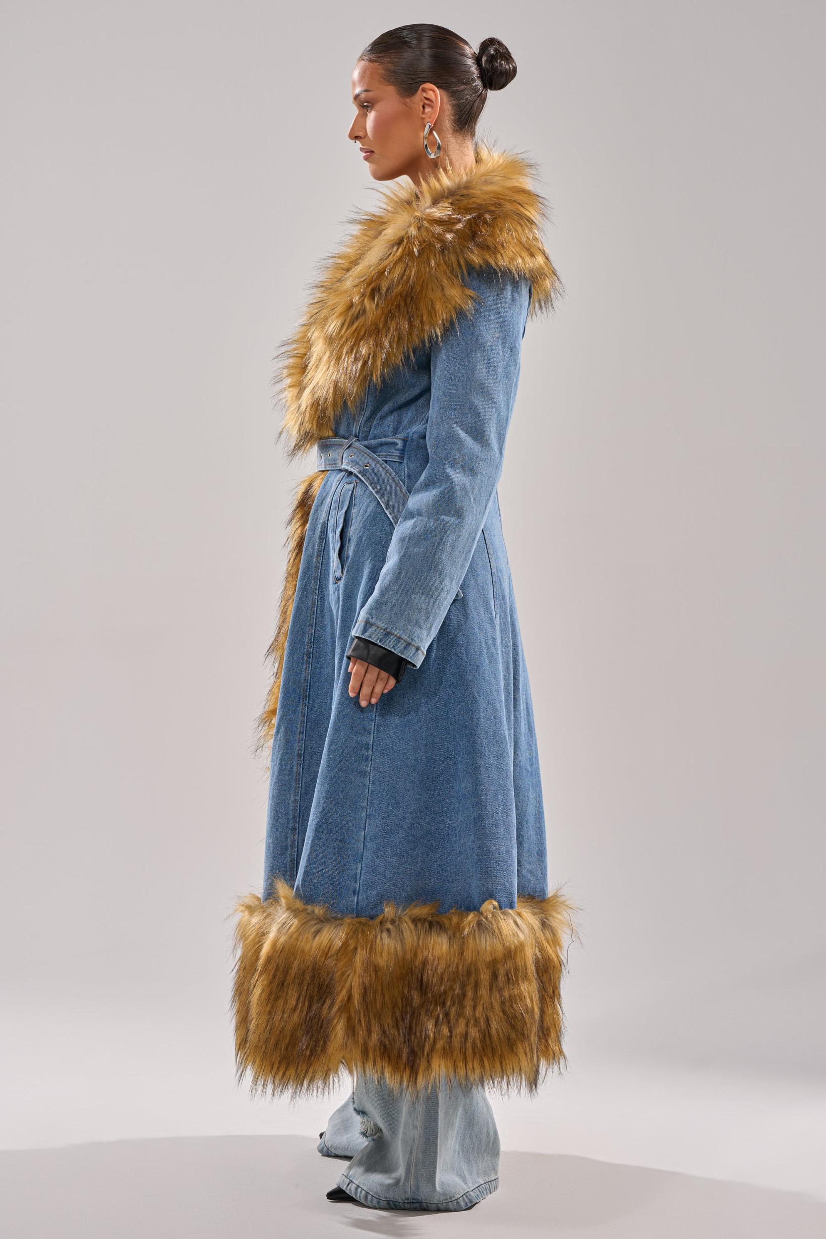 VIVIAN FUR TRIM TRENCH IN DENIM Product Image