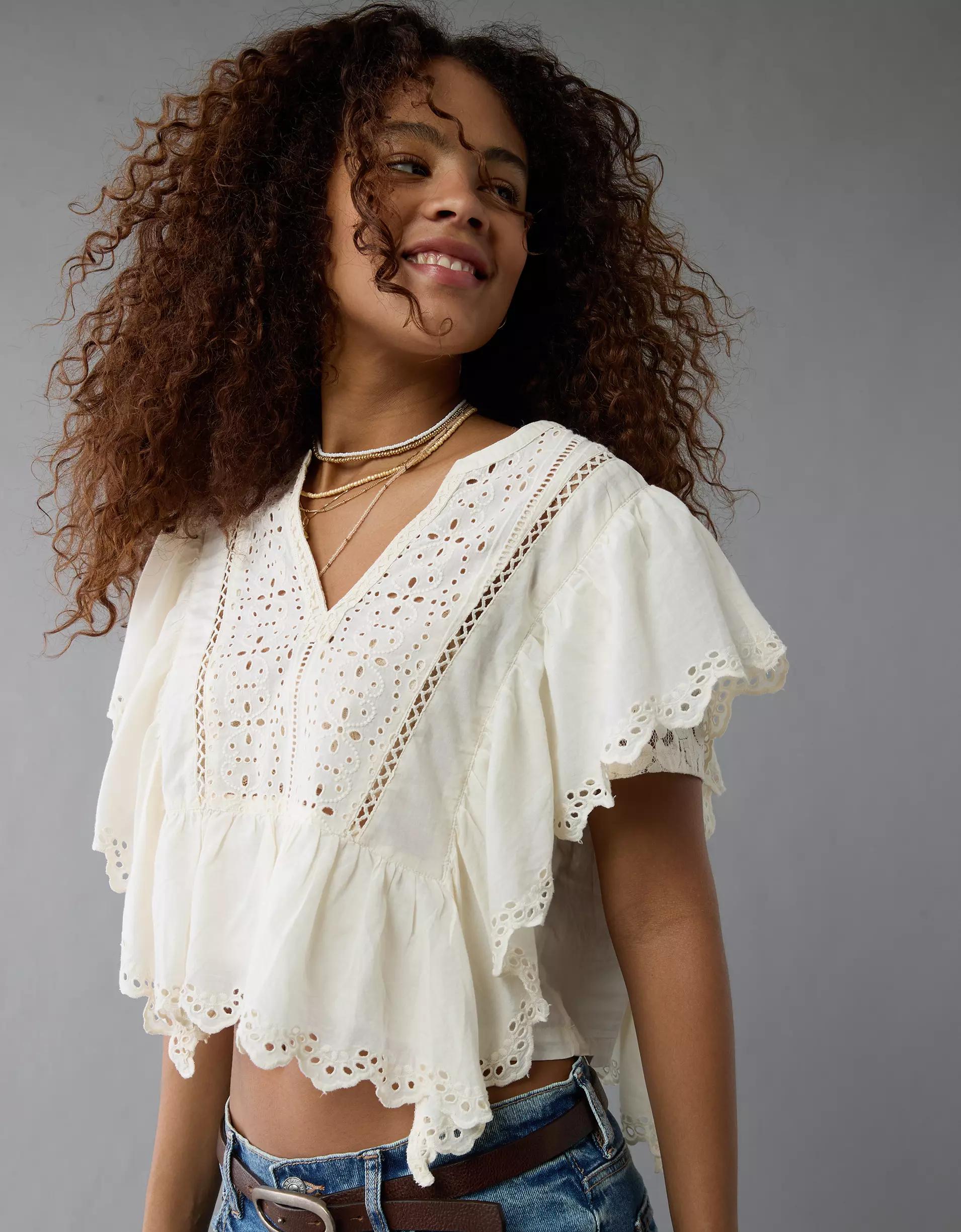 AE Notch Neck Ruffle Blouse Womens Product Image