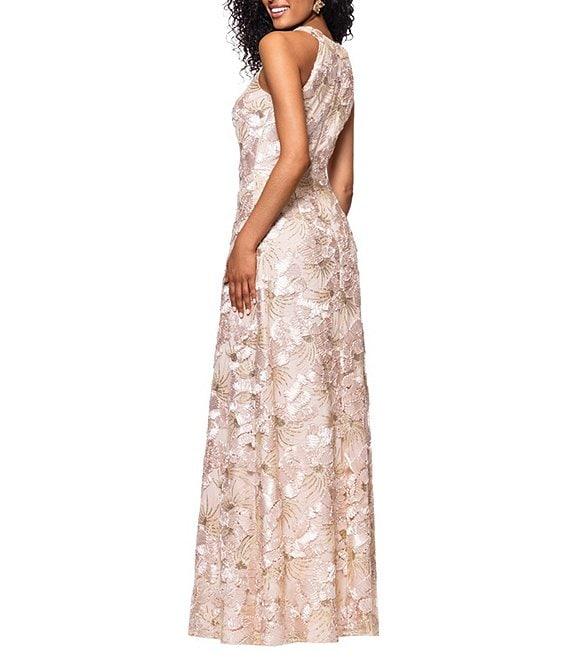 Betsy & Adam Floral Sequin Soutache Halter Sleeveless A-Line Gown Product Image