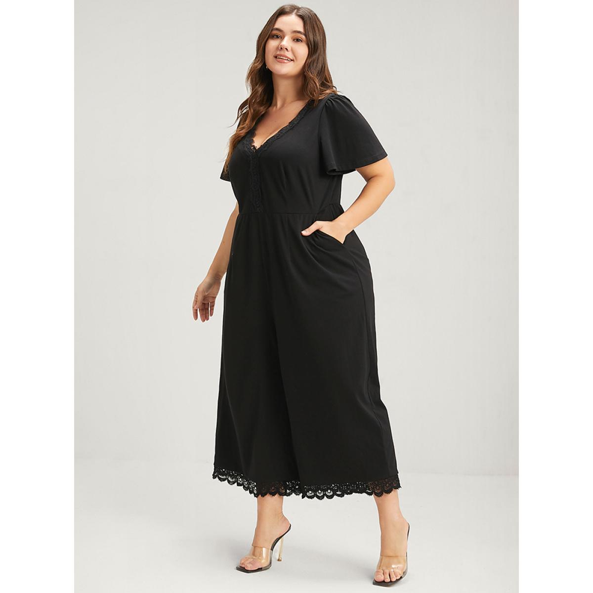 Plus Size Black Solid Ruffles Contrast Lace Pocket Jumpsuit Women Elegant Short sleeve V-neck Dailywear Loose Jumpsuits BloomChic 30/6X Product Image