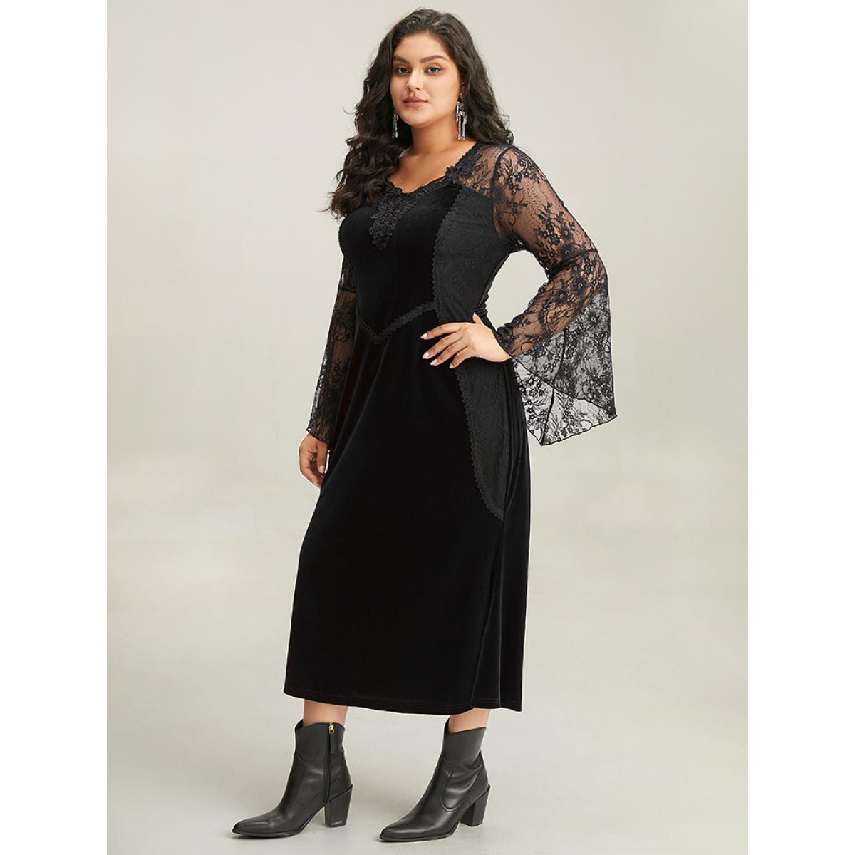 Plus Size Halloween Eyelet Lace Mesh Bell Sleeve Dress Black Women Elegant See through Round Neck Long Sleeve Curvy Midi Dress BloomChic 26/4X Product Image