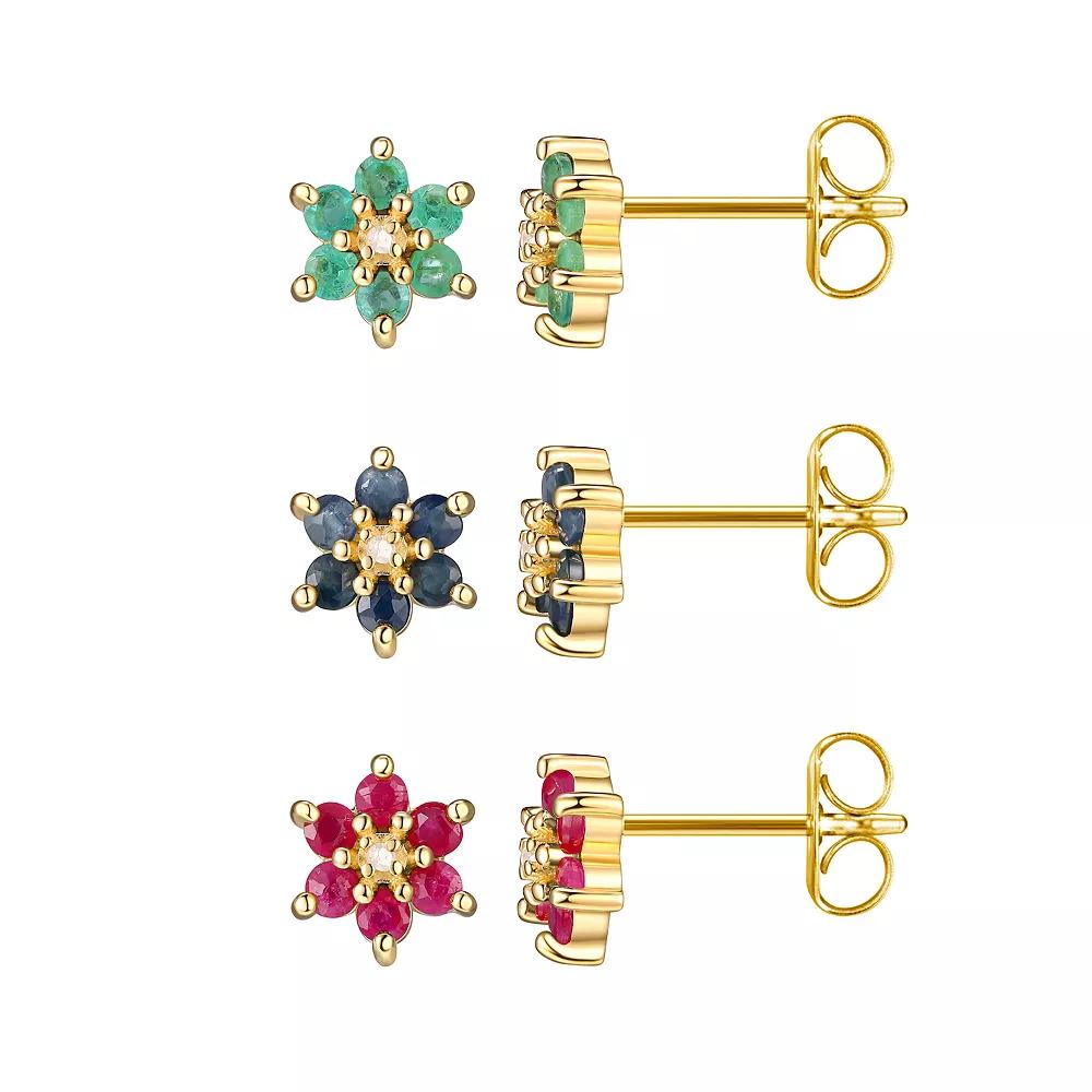 18k Gold Over Silver Ruby, Sapphire, Emerald & Diamond Accent Flower Stud Earring Trio Set, Womens, 18k Two Tone Product Image