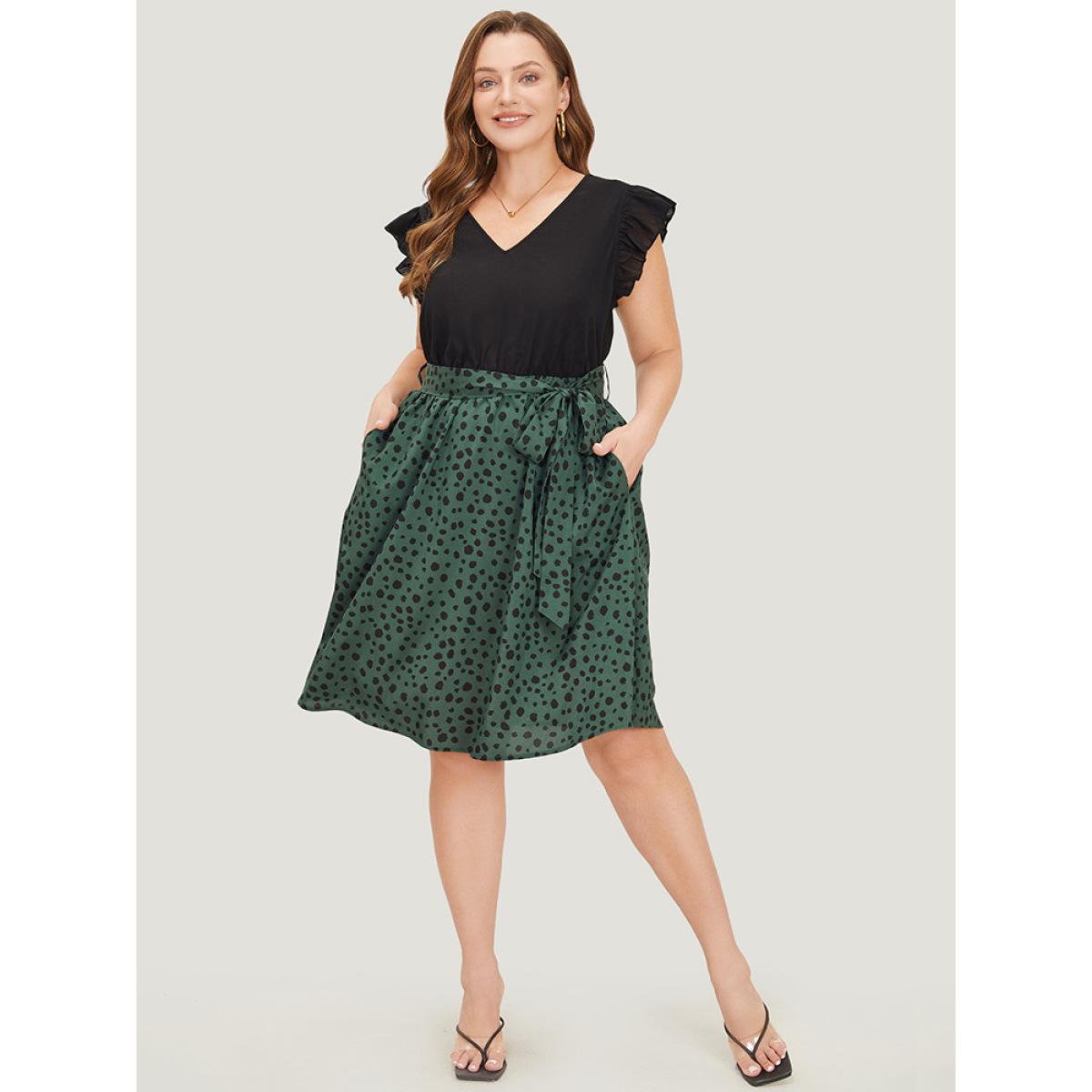 Plus Size Leopard Patchwork Pocket Belt Ruffle Dress DarkGreen Women Elegant Belted V-neck Cap Sleeve Curvy Knee Dress BloomChic 26/4X Product Image
