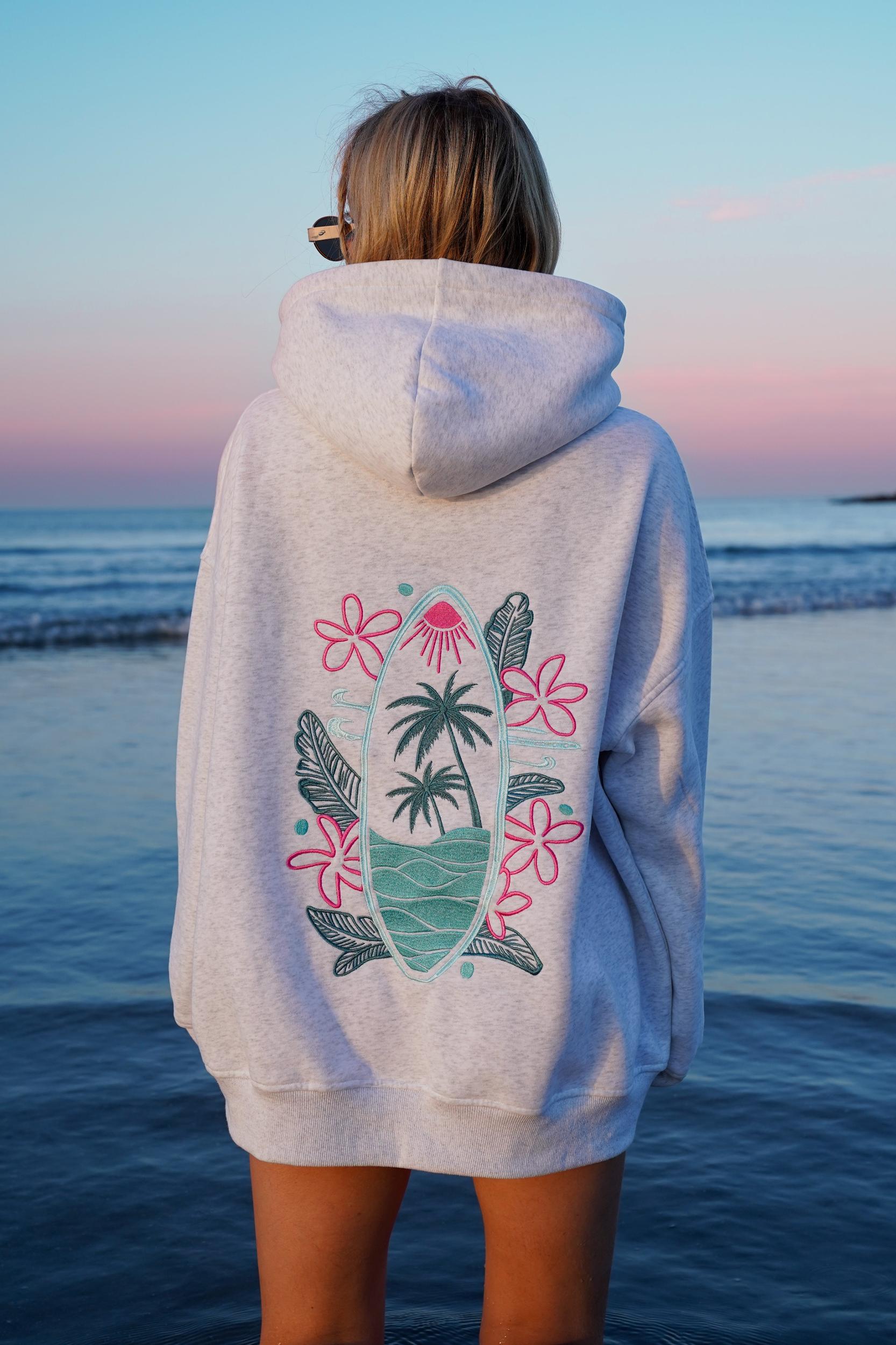 Pearl Grey Surfing The Waves Embroider Hoodie Product Image
