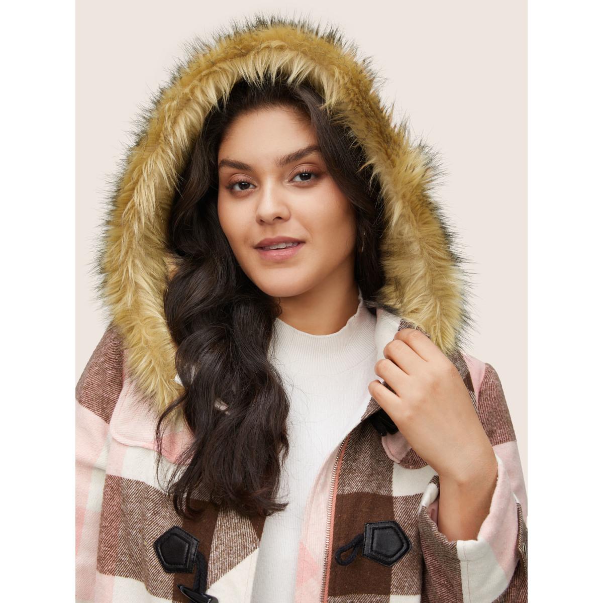 Plus Size Colorblock Contrast Fuzzy Trim Duffle Button Coat Women DustyPink Casual Lined Ladies Dailywear Winter Coats BloomChic 12/L Product Image