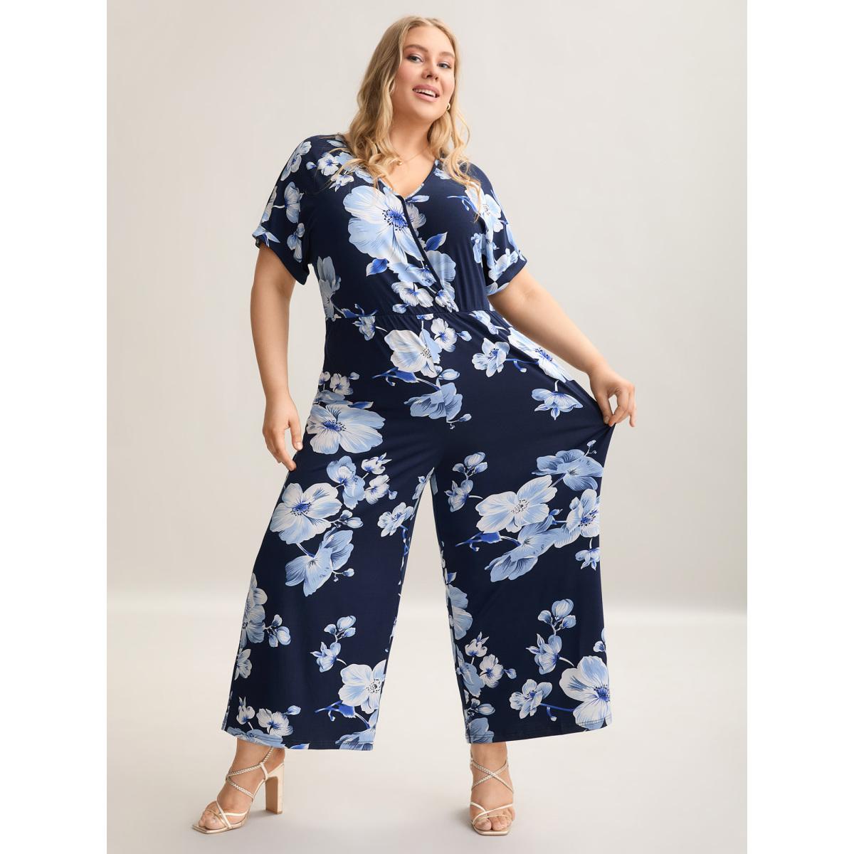 Plus Size DarkBlue Floral Print Knit Surplice Neck Jumpsuit Women Elegant Short sleeve Overlap Collar Everyday-Elegant Loose Jumpsuits BloomChic 22-24/3X Product Image