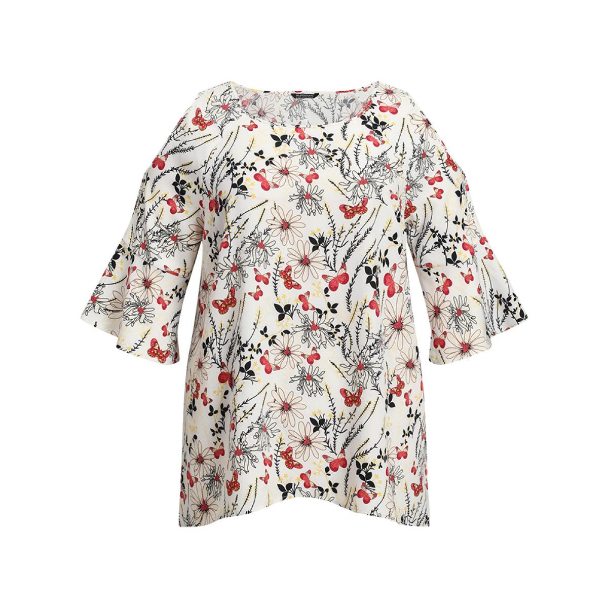 Plus Size Multicolor Butterfly & Floral Print Bell Sleeve Cut Out Blouse Women Elegant Elbow-length sleeve Round Neck Dailywear Blouses BloomChic 12/L Product Image