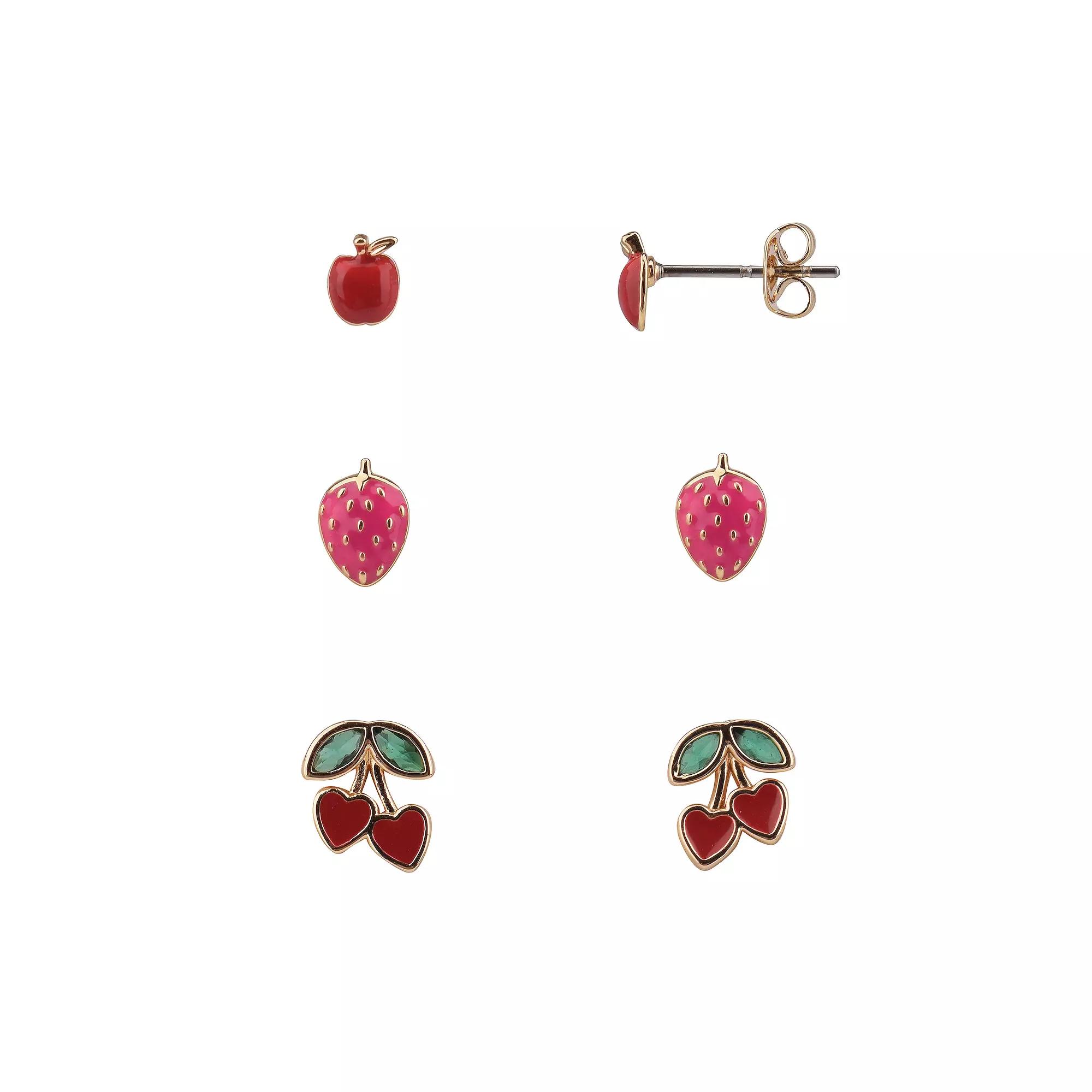 FAO Schwarz Gold Tone Cherry & Strawberry Trio Stud Earring Set, Women's, Red Product Image