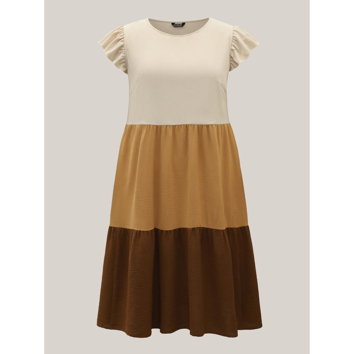 Plus Size Color Block Ruffled Sleeve Tiered Midi Dress LightBrown Women Casual Contrast Round Neck Cap Sleeve Curvy BloomChic 18-20/2X Product Image