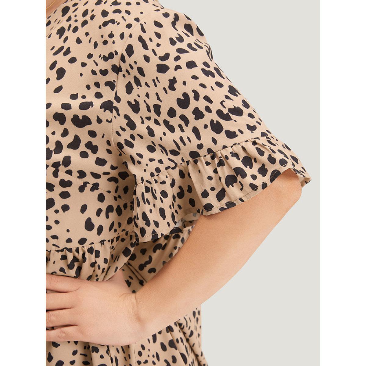 Plus Size Leopard Print Bell Sleeve Button Up Ruffle Layered Hem Dress Leopard Women Elegant Button V-neck Half Sleeve Curvy Knee Dress BloomChic 22-24/3X Product Image